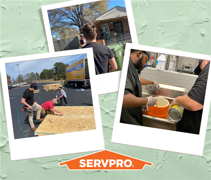 3 polaroids of SERVPRO employees using their volunteer time off, on a green background